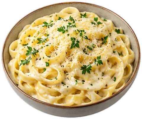Fettuccine Alfredo with its ingredients