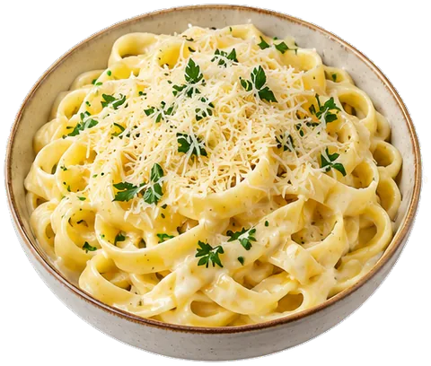 Fettuccine Alfredo with parmesan with its ingredients