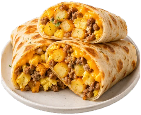 Freezer sausage, egg and potato breakfast burritos with its ingredients