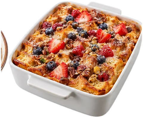 French Toast Casserole with berries with its ingredients