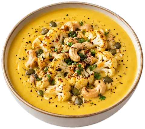 Golden Cauliflower Cashew Soup with its ingredients