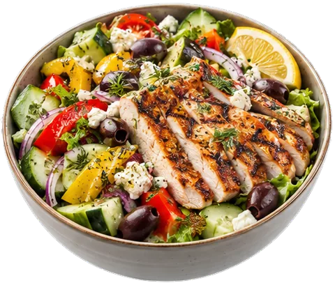 Greek Chicken Salad Bowls with its ingredients