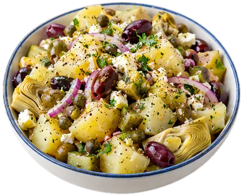Greek Potato Salad with potatoes with its ingredients