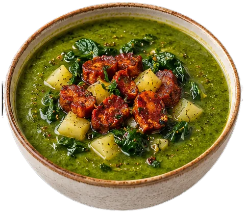 Green Soup with Crispy Chorizo with its ingredients