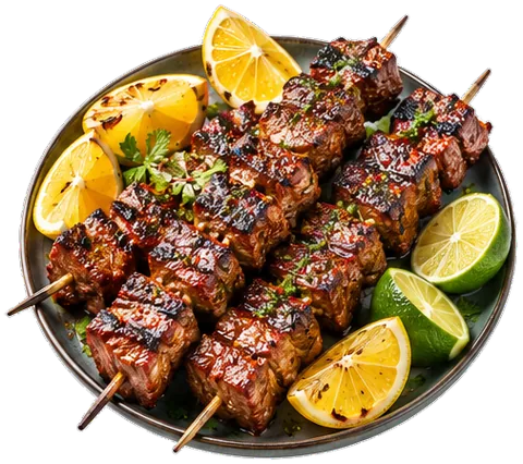 Grilled Beef Skewers with lemons and limes with its ingredients