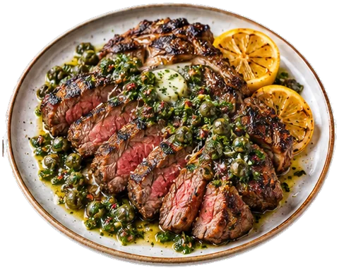 Grilled Rib Eye with Salsa Verde with its ingredients