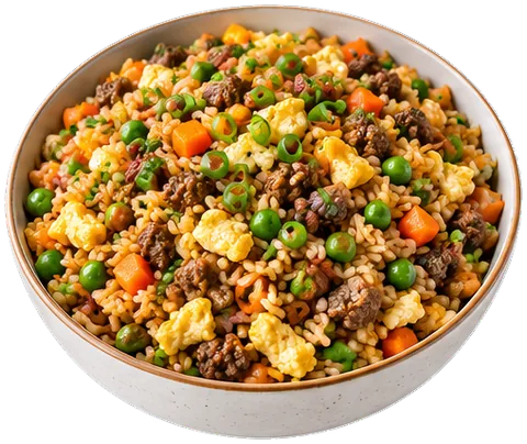 Ground beef fried rice with peas, carrots and egg with its ingredients