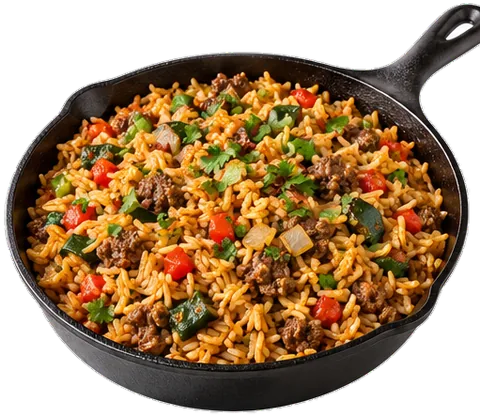 Ground Beef Rice Skillet with its ingredients