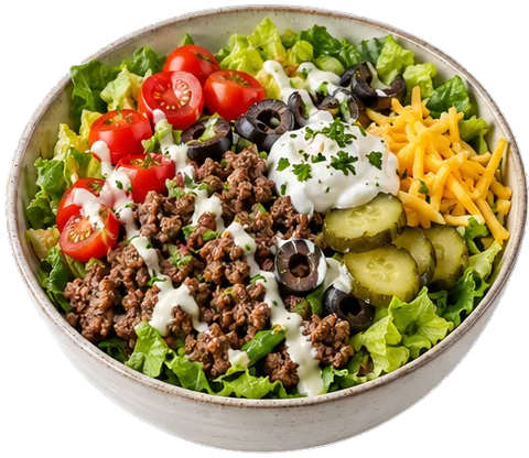 Healthy Burger Bowl with its ingredients