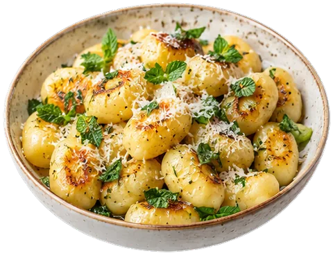 Homemade Potato Gnocchi with mint with its ingredients