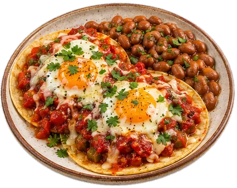 Huevos Rancheros with canned beans with its ingredients