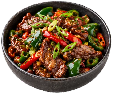 Hunan Beef with poblano and other fresh chiles with its ingredients