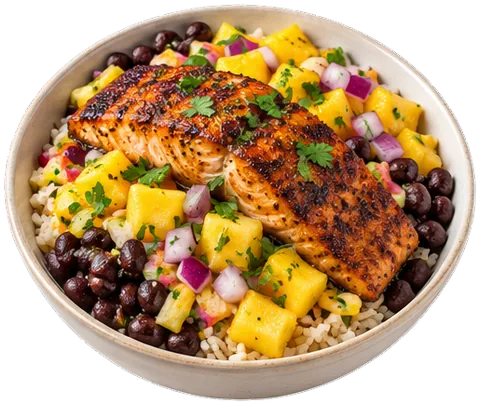 Jerk Salmon Rice Bowls with its ingredients