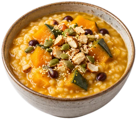 Kabocha Rice Porridge with its ingredients