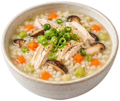 Korean Chicken Rice Porridge with its ingredients
