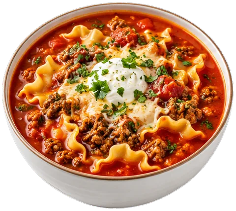 Lasagna Soup with ground beef with its ingredients