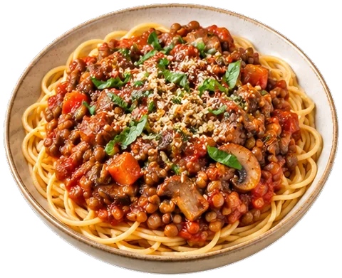 Lentil Bolognese with its ingredients