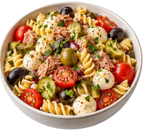 Mediterranean Pasta Salad with canned tuna with its ingredients