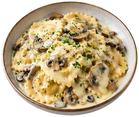 Mushroom Ravioli Alfredo with its ingredients