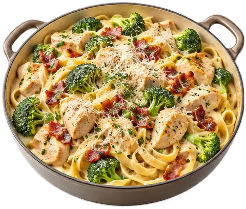 One Pot Chicken Bacon Fettuccine Alfredo with its ingredients