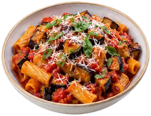 Pasta Alla Norma with canned tomatoes with its ingredients