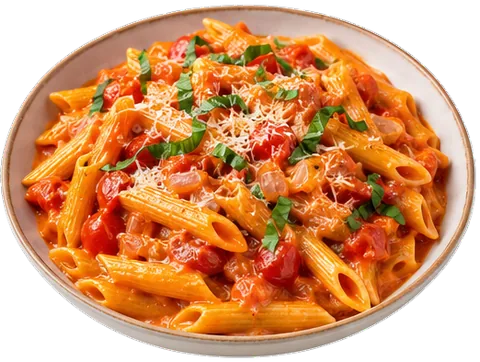 Penne alla Vodka with fresh tomatoes with its ingredients