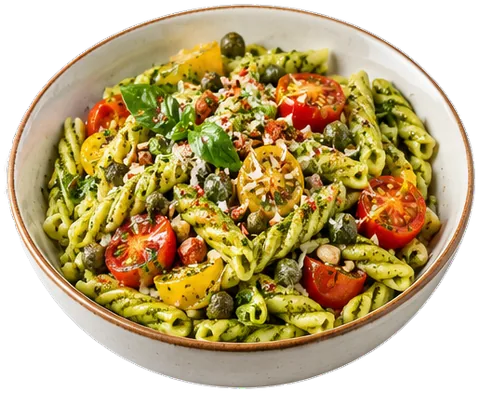 Pesto Pasta alla Trapanese with its ingredients