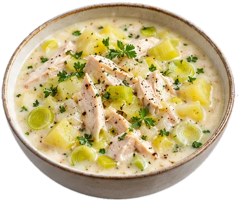 Potato Leek Soup with chicken breast with its ingredients