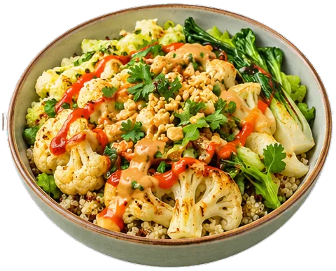 Quinoa Cauliflower Bowl with Sriracha Sauce with its ingredients