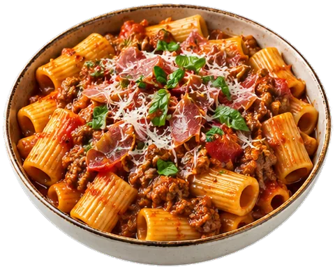 Rigatoni Bolognese with its ingredients