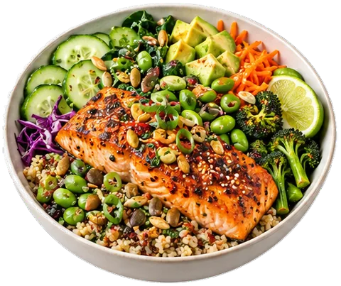 Roasted Salmon Bowls with its ingredients