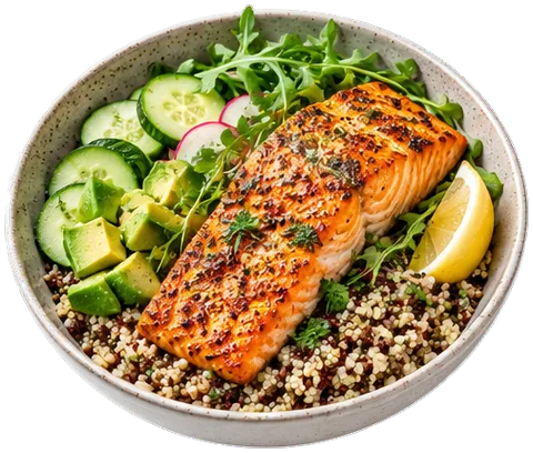 Roasted Salmon Quinoa Bowls with its ingredients