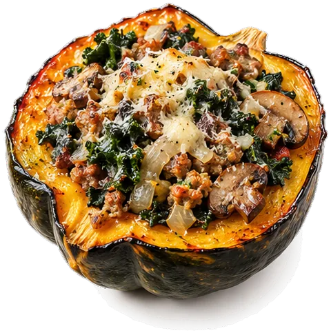 Sausage and Kale Stuffed Acorn Squash with its ingredients