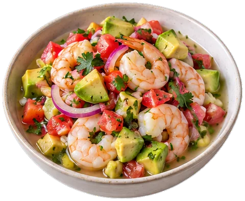 Shrimp Ceviche with avocados with its ingredients