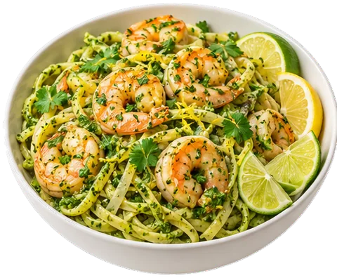 Shrimp Pesto Pasta with fresh herbs (cilantro with its ingredients