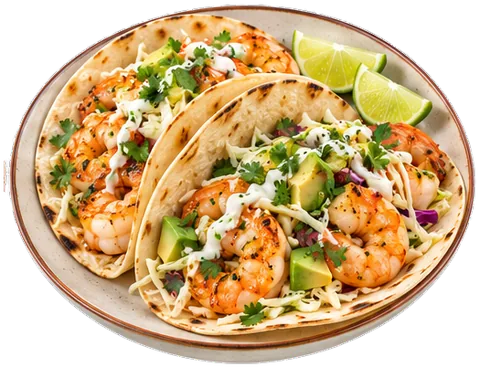 Shrimp Tacos with tortillas with its ingredients