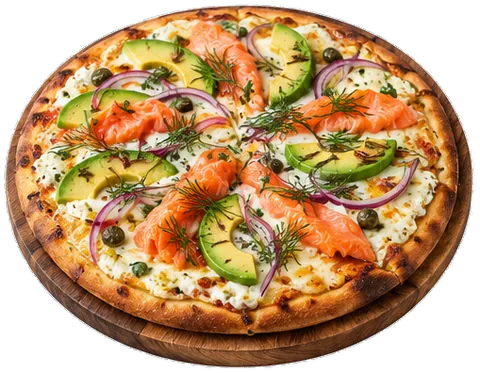 Smoked Salmon Avocado Pizza with its ingredients