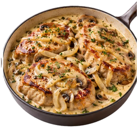 Smothered Pork Chops with heavy cream with its ingredients
