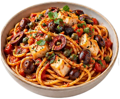 Spaghetti alla Puttanesca with its ingredients