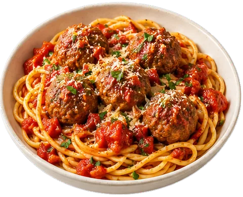 Spaghetti and Meatballs with its ingredients