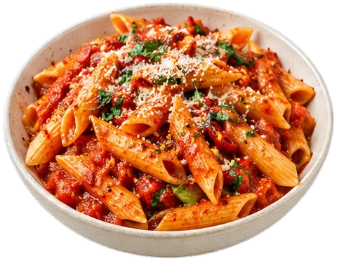 Spicy Arrabbiata Penne with its ingredients