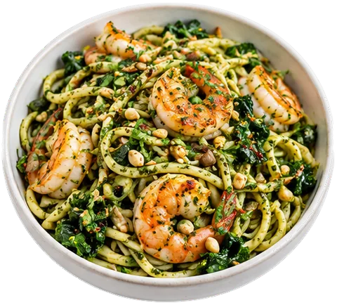 Spicy Shrimp Pesto Noodles with its ingredients