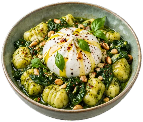 Spinach Pesto Gnocchi with Burrata with its ingredients