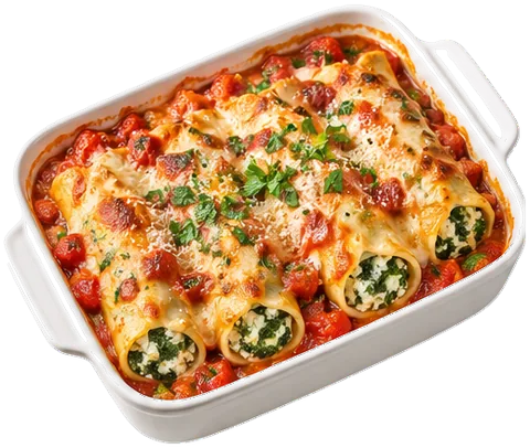 Spinach Ricotta Cannelloni with mozzarella with its ingredients