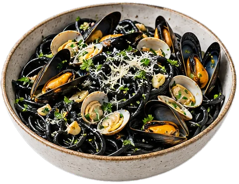 Squid Ink Pasta with Mussels with its ingredients