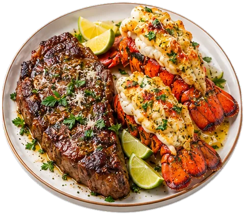 Steak and Lobster Tails with its ingredients