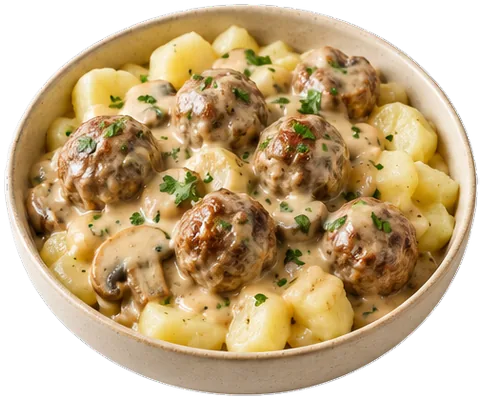 Swedish Meatballs with frozen potatoes with its ingredients
