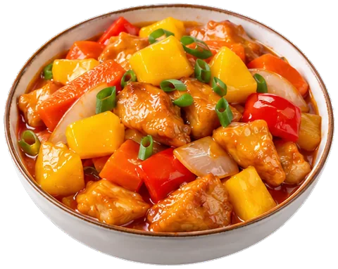 Sweet and Sour Chicken with pineapple and mango with its ingredients