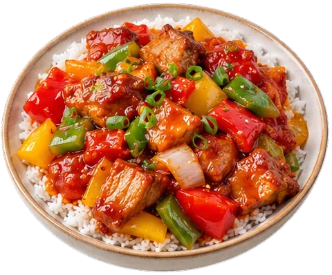 Sweet and Sour Pork with bell peppers with its ingredients