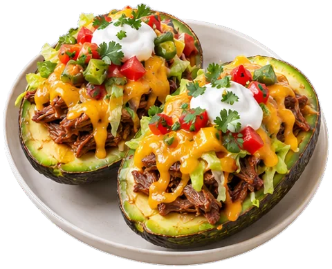 Taco Stuffed Avocados with beef chuck roast with its ingredients